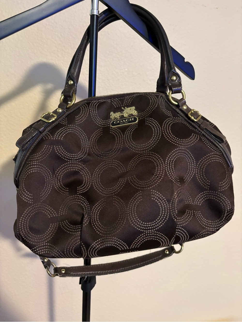 Coach Dark Brown Signature Circle Satchel with Gold Hardware wear and tear